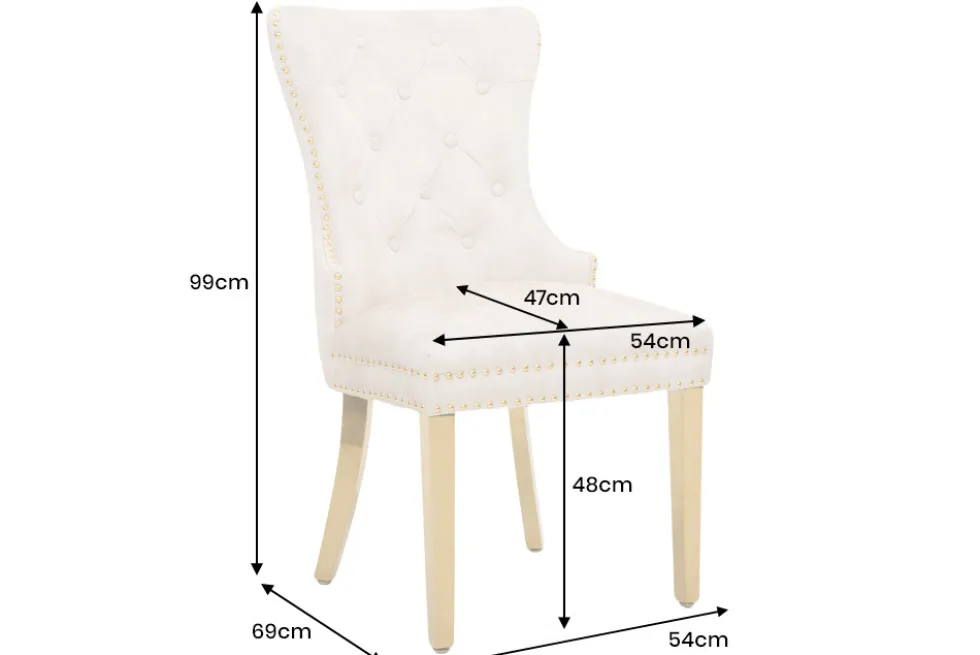 Barock Stuhl CASTLE DELUXE beige Samt gold Edelstahl mit Löwenkopf Ziernieten