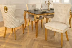 Barock Stuhl CASTLE DELUXE beige Samt gold Edelstahl mit Löwenkopf Ziernieten