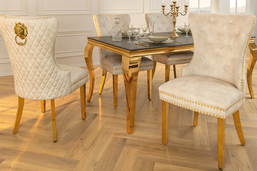 Barock Stuhl CASTLE DELUXE beige Samt gold Edelstahl mit Löwenkopf Ziernieten