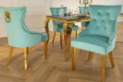 Barock Stuhl CASTLE DELUXE blau Samt gold Edelstahl mit Löwenkopf Chesterfield