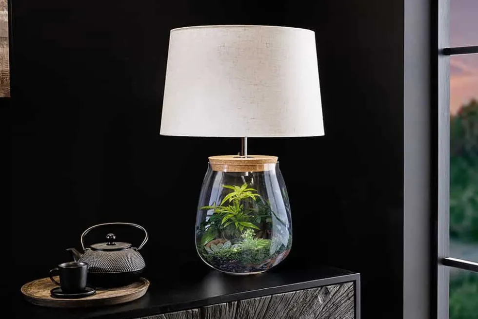 Befüllbare Tischlampe CLASSICO 60cm weiß transparent Glas mit Leinenschirm