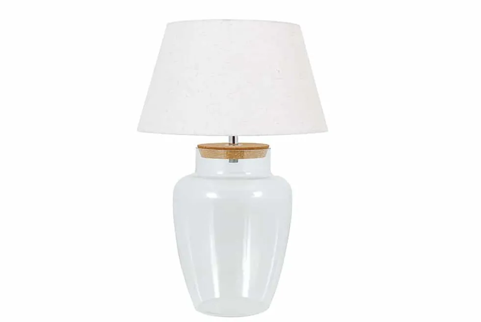 Befüllbare Tischlampe CLASSICO 75cm weiß transparent Glas mit Leinenschirm