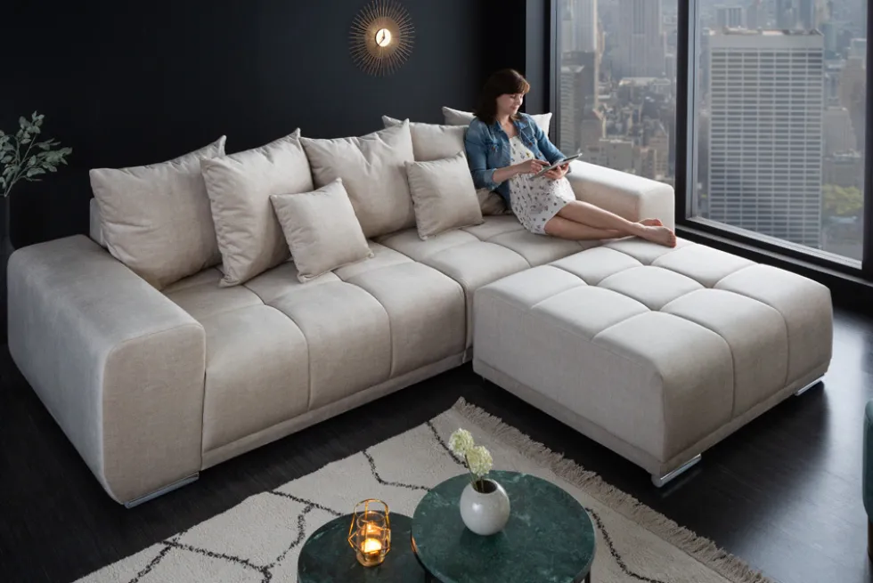 Big Sofa ELEGANCIA 285cm champagner beige Vogue Velours Samt inkl. Kissen Federkern
