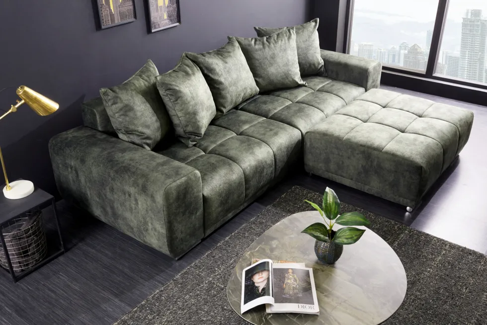 Big Sofa ELEGANCIA 285cm moosgrün Microfaser XXL Couch inkl. Kissen Federkern