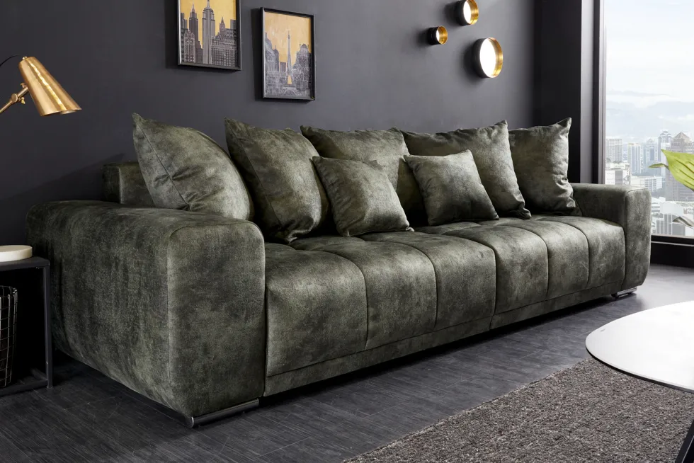 Big Sofa ELEGANCIA 285cm moosgrün Microfaser XXL Couch inkl. Kissen Federkern