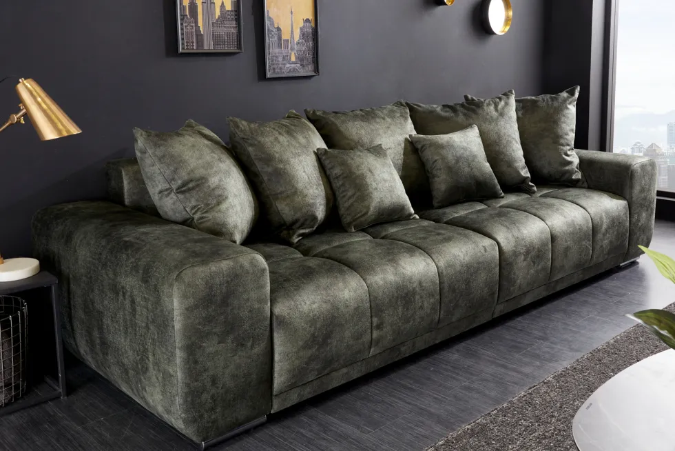 Big Sofa ELEGANCIA 285cm moosgrün Microfaser XXL Couch inkl. Kissen Federkern
