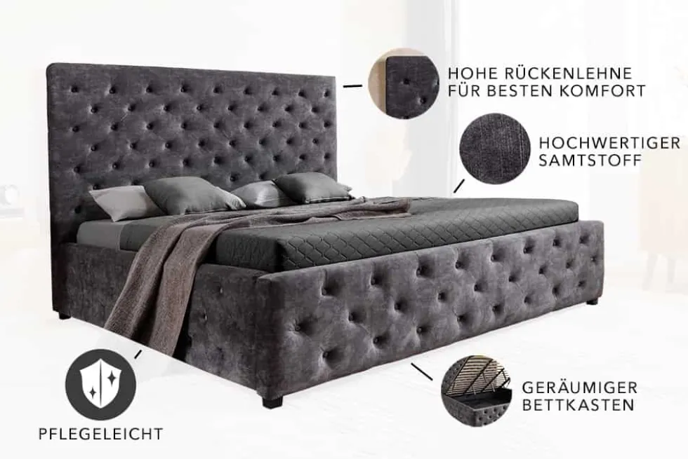Boxbett PARIS 180x200cm grau Samt mit Stauraum und Lattenrost