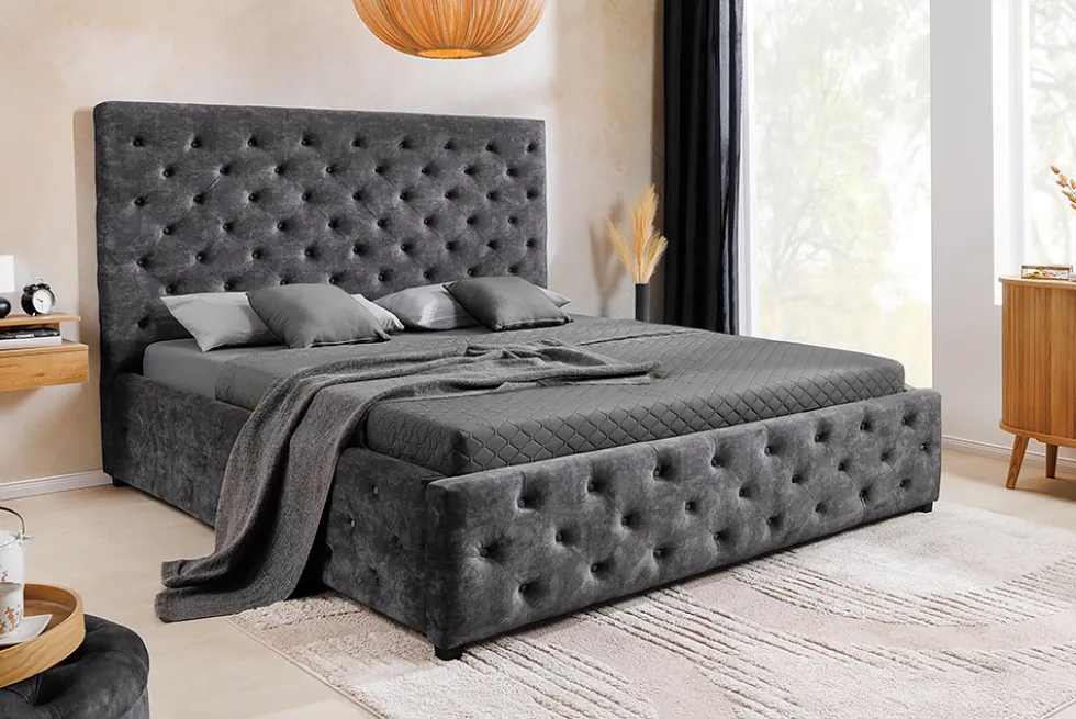 Boxbett PARIS 180x200cm grau Samt mit Stauraum und Lattenrost