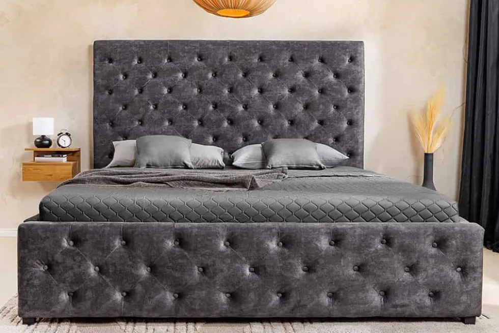Boxbett PARIS 160x200cm grau Samt mit Stauraum und Lattenrost