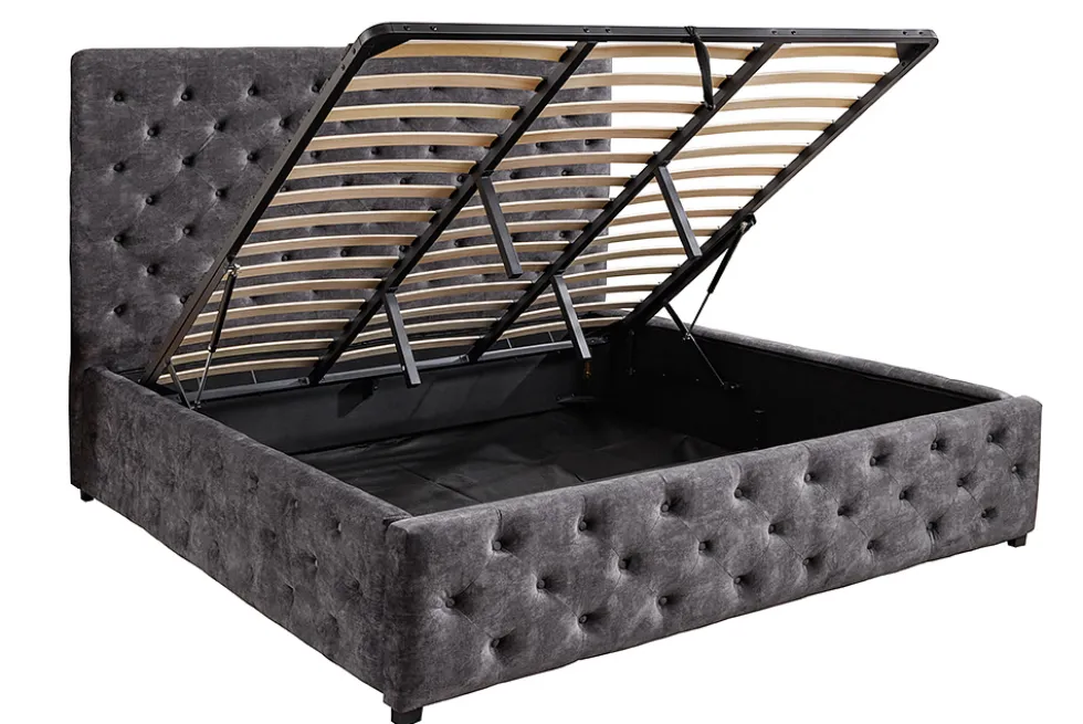 Boxbett PARIS 160x200cm grau Samt mit Stauraum und Lattenrost