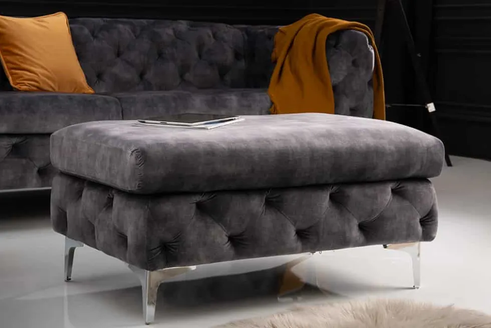 Chesterfield Hocker MODERN BAROCK 90cm dunkelgrau Samt Sitzhocker Fußhocker