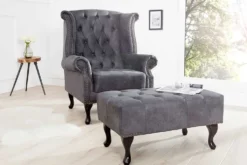 Chesterfield Ohrensessel antik grau Microfaser mit Knopfheftung