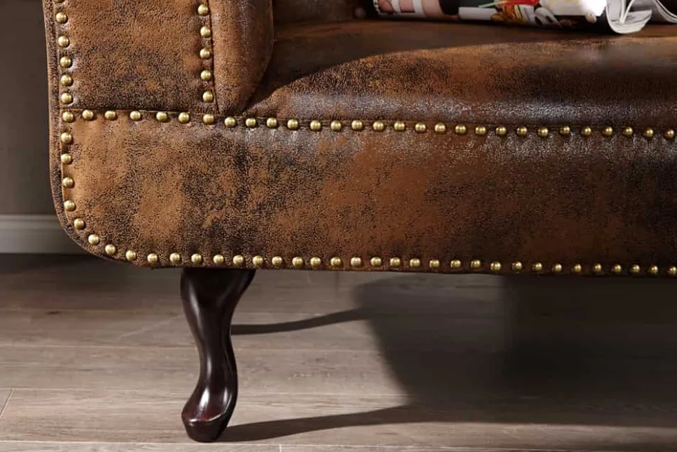Chesterfield Récamière 170cm antik braun mit Knopfheftung und Nietenbesatz