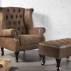 Chesterfield Sessel 85cm antik braun Microfaser mit Knopfheftung