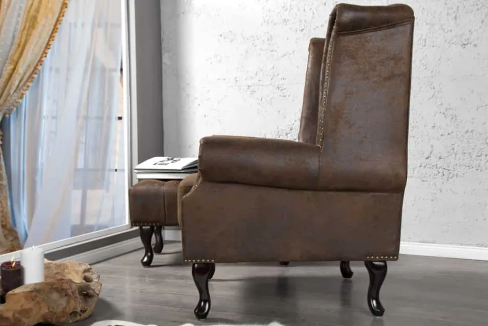 Chesterfield Sessel 85cm antik braun Microfaser mit Knopfheftung