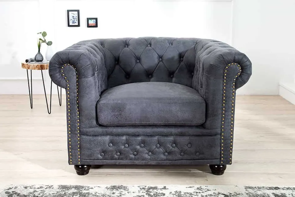Chesterfield Sessel 105cm antik grau mit Knopfheftung und Federkern