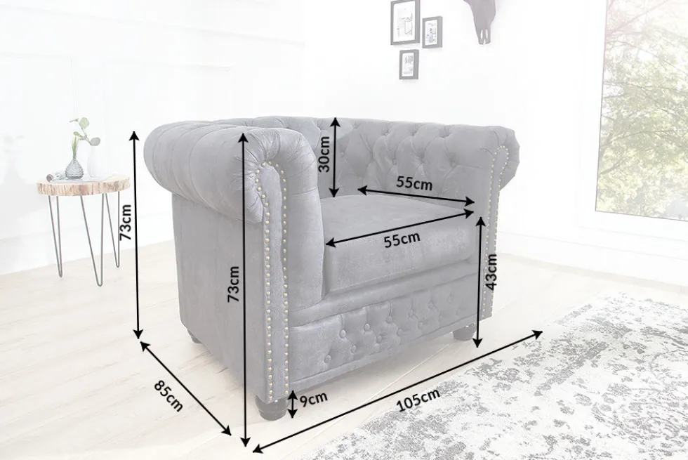 Chesterfield Sessel 105cm antik grau mit Knopfheftung und Federkern
