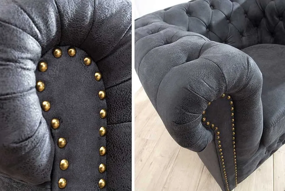 Chesterfield Sessel 105cm antik grau mit Knopfheftung und Federkern