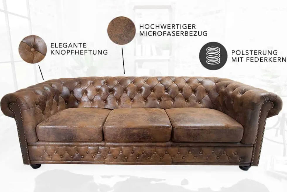 Chesterfield 3-Sitzer Sofa 205cm antik braun Microfaser Federkern Knopfheftung
