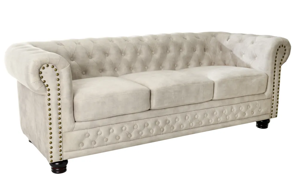 Chesterfield 3-Sitzer Sofa 200cm champagner beige Samt Federkern Knopfheftung