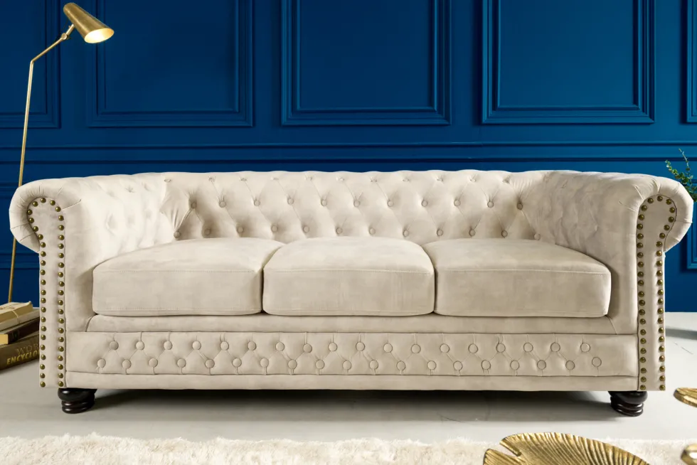 Chesterfield 3-Sitzer Sofa 200cm champagner beige Samt Federkern Knopfheftung