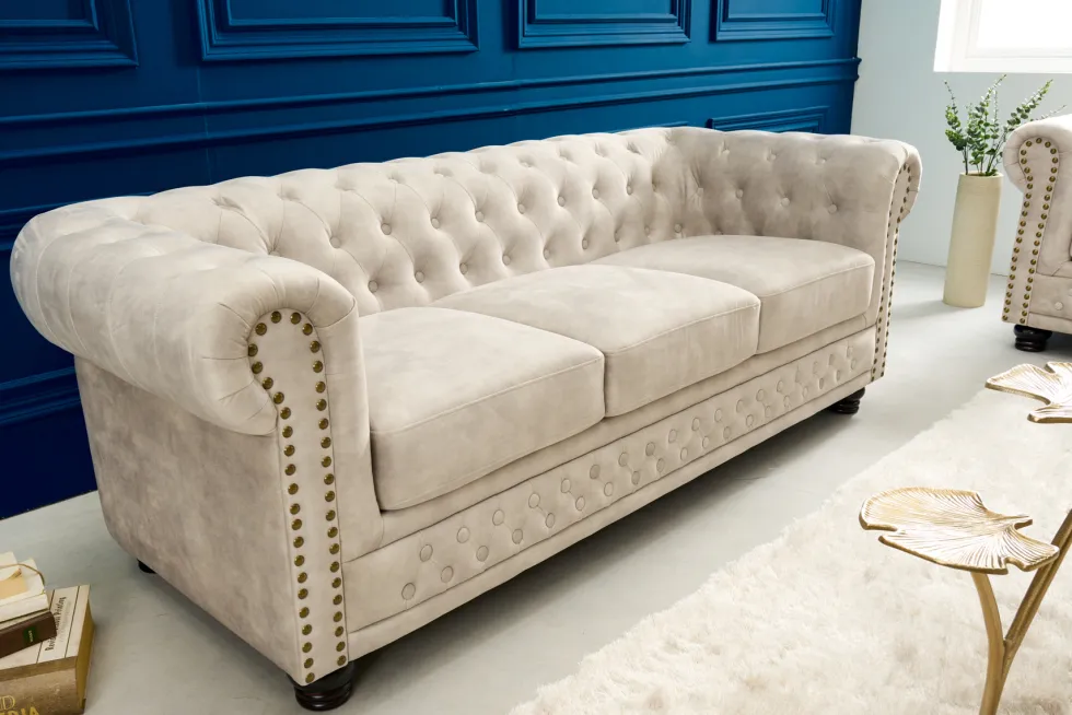 Chesterfield 3-Sitzer Sofa 200cm champagner beige Samt Federkern Knopfheftung