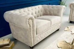 Chesterfield 2-Sitzer Sofa 150cm champagner beige Samt Federkern Knopfheftung