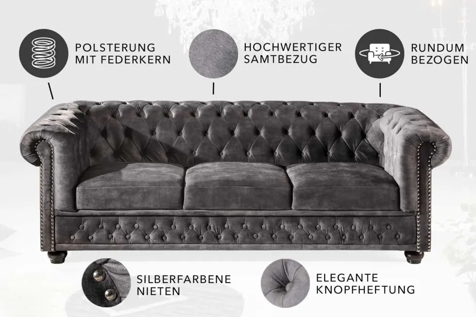 Chesterfield 3-Sitzer Sofa 205cm grau Samt Federkern Knopfheftung