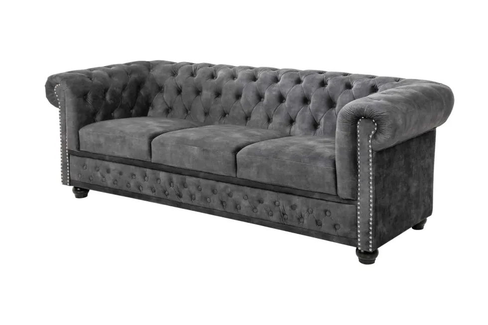 Chesterfield 3-Sitzer Sofa 205cm grau Samt Federkern Knopfheftung