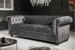 Chesterfield 3-Sitzer Sofa 205cm grau Samt Federkern Knopfheftung