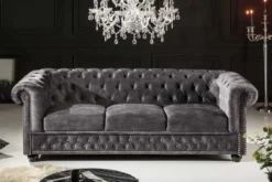Chesterfield 3-Sitzer Sofa 205cm grau Samt Federkern Knopfheftung