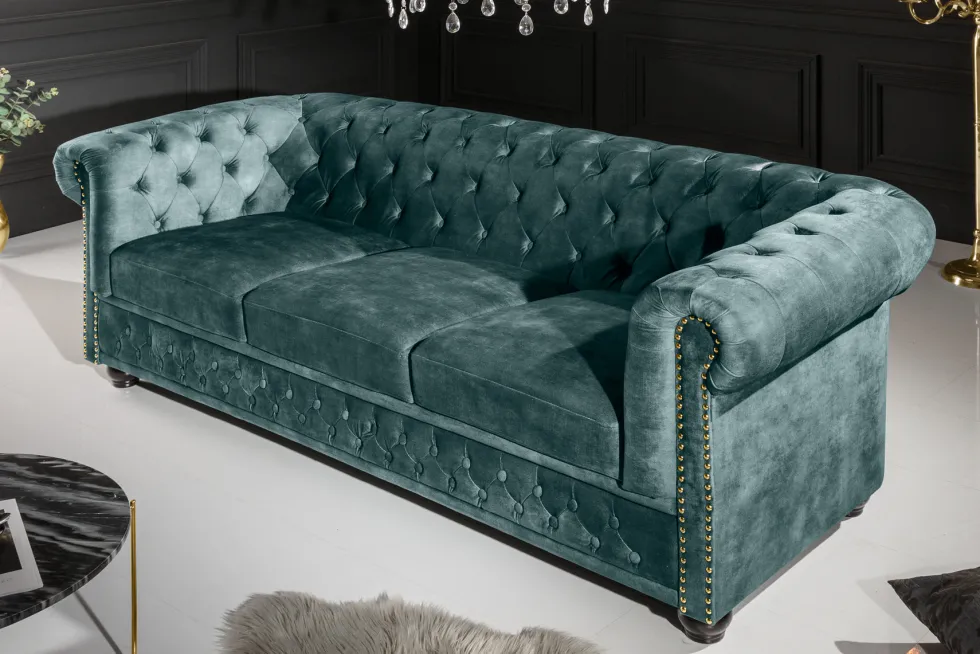 Chesterfield 3-Sitzer Sofa 205cm petrol Samt Federkern Goldnieten Knopfheftung