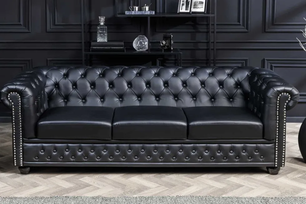 Chesterfield 3-Sitzer Sofa 205cm schwarz Nietenbesatz Federkern