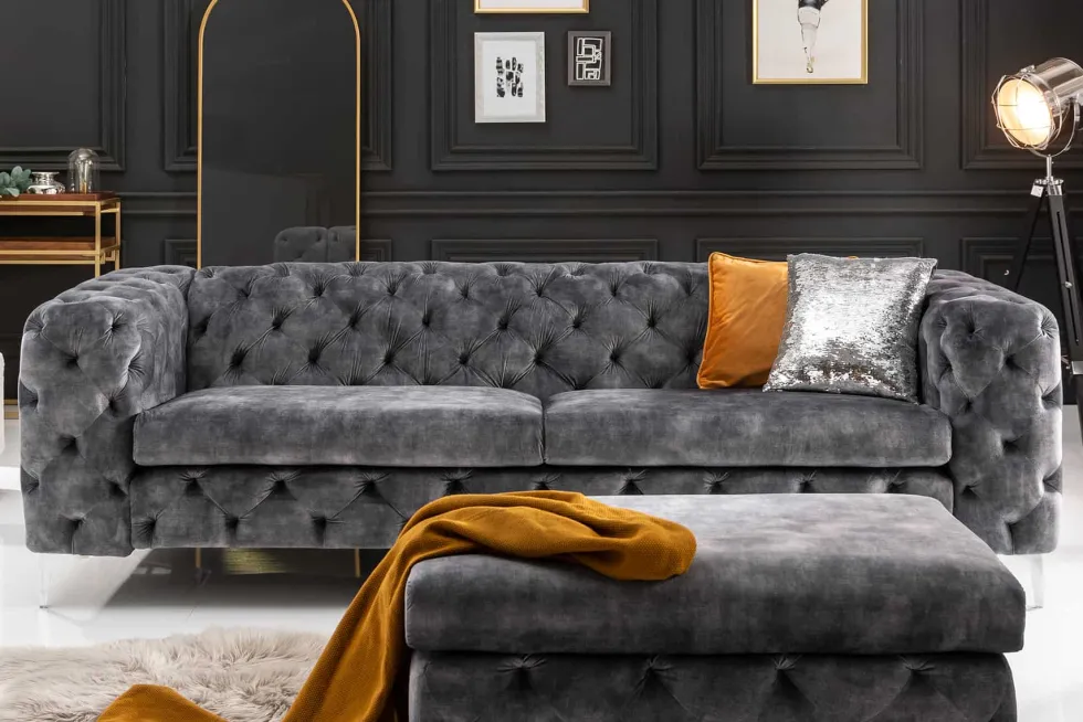 Chesterfield 3-Sitzer Sofa MODERN BAROCK 235cm dunkelgrau Samt Federkern Metallfüße