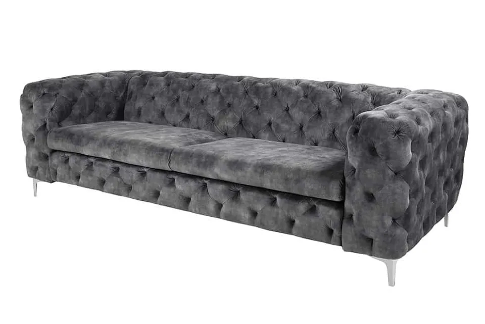 Chesterfield 3-Sitzer Sofa MODERN BAROCK 235cm dunkelgrau Samt Federkern Metallfüße