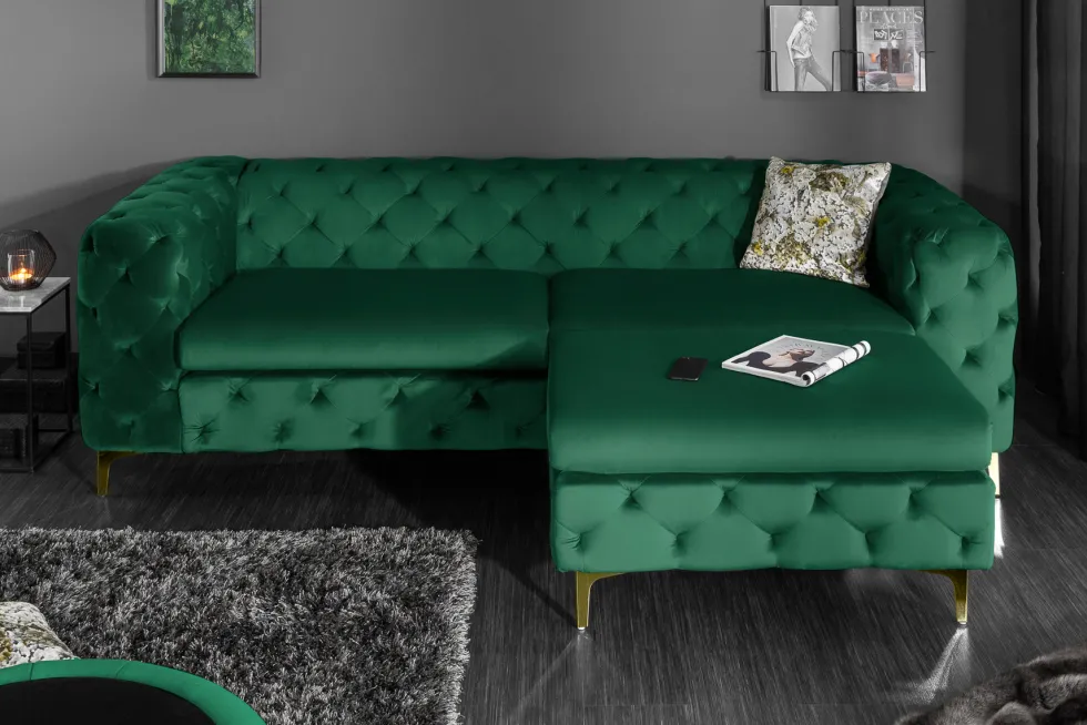 Chesterfield 3-Sitzer Sofa MODERN BAROCK 235cm smaragdgrün Samt Federkern gold Metallfüße
