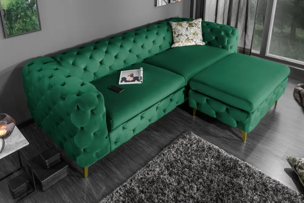 Chesterfield 3-Sitzer Sofa MODERN BAROCK 235cm smaragdgrün Samt Federkern gold Metallfüße
