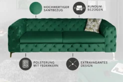 Chesterfield 3-Sitzer Sofa MODERN BAROCK 235cm smaragdgrün Samt Federkern gold Metallfüße