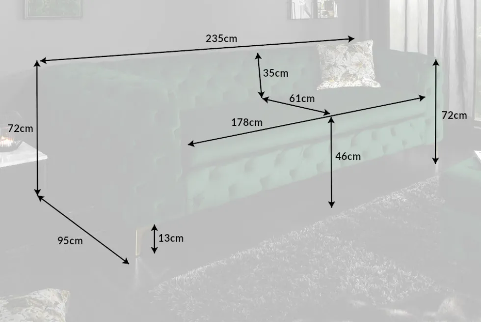 Chesterfield 3-Sitzer Sofa MODERN BAROCK 235cm smaragdgrün Samt Federkern gold Metallfüße