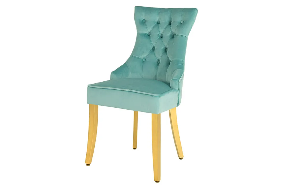 Chesterfield Stuhl CASTLE blau Samt goldene Edelstahlbeine mit Komfortgriff