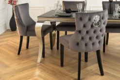 Chesterfield Stuhl CASTLE DELUXE grau Samt mit Löwenkopf Nieten