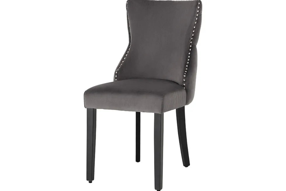 Chesterfield Stuhl CASTLE DELUXE grau Samt mit Löwenkopf Nieten