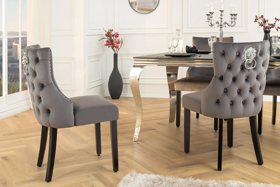 Chesterfield Stuhl CASTLE DELUXE grau Samt mit Löwenkopf Nieten