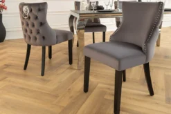 Chesterfield Stuhl CASTLE DELUXE grau Samt mit Löwenkopf Nieten