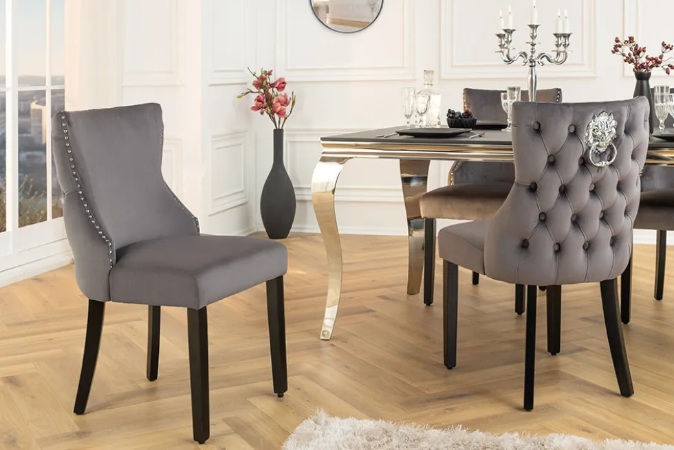 Chesterfield Stuhl CASTLE DELUXE grau Samt mit Löwenkopf Nieten