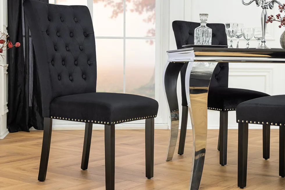 Chesterfield Stuhl CASTLE schwarz Samt Gummiholz Ziernieten