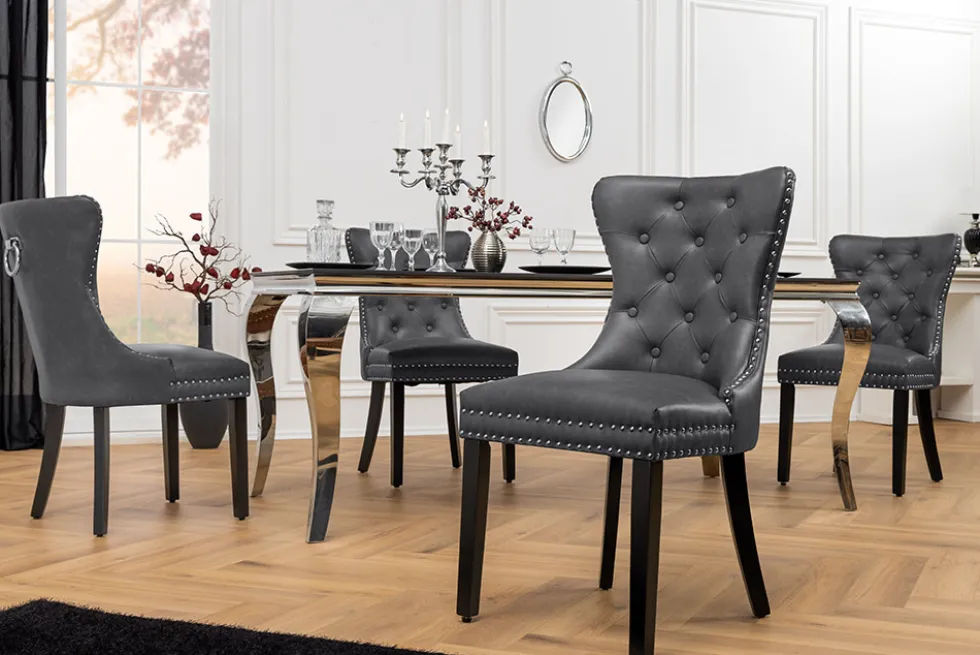 Chesterfield Stuhl CASTLE schwarz Kunstleder Massivholz mit Komfortgriff