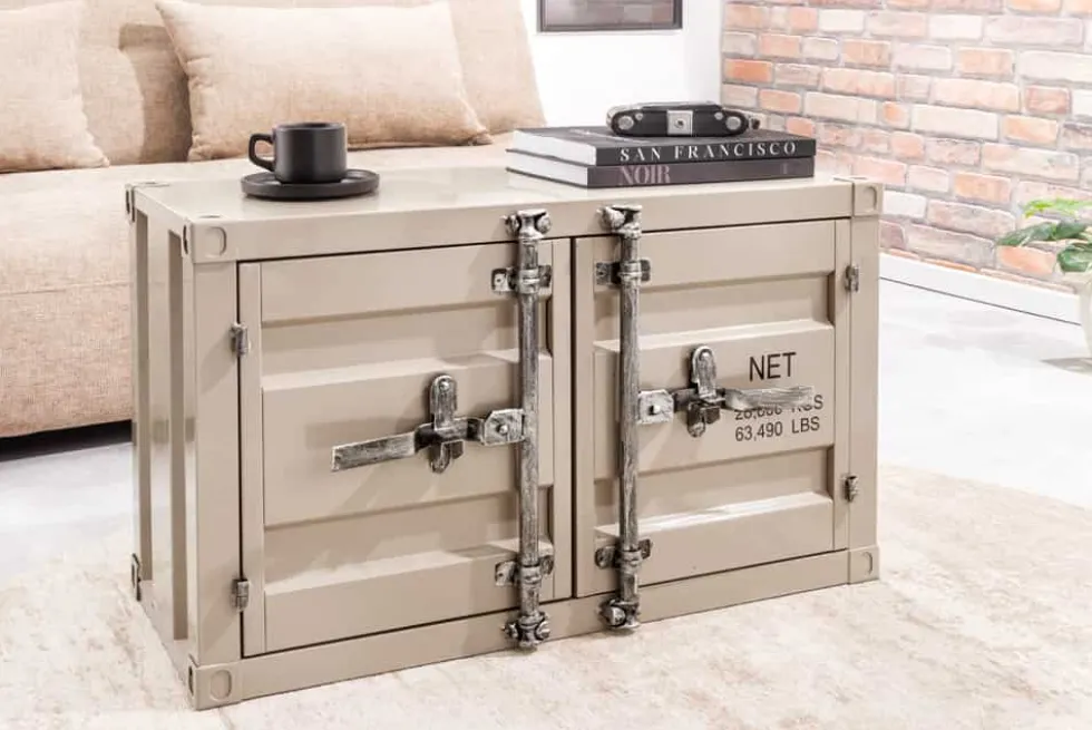 Container-Schrank GLOBETROTTER 80cm greige Metall Couchtisch mit Flügeltüren Kommode