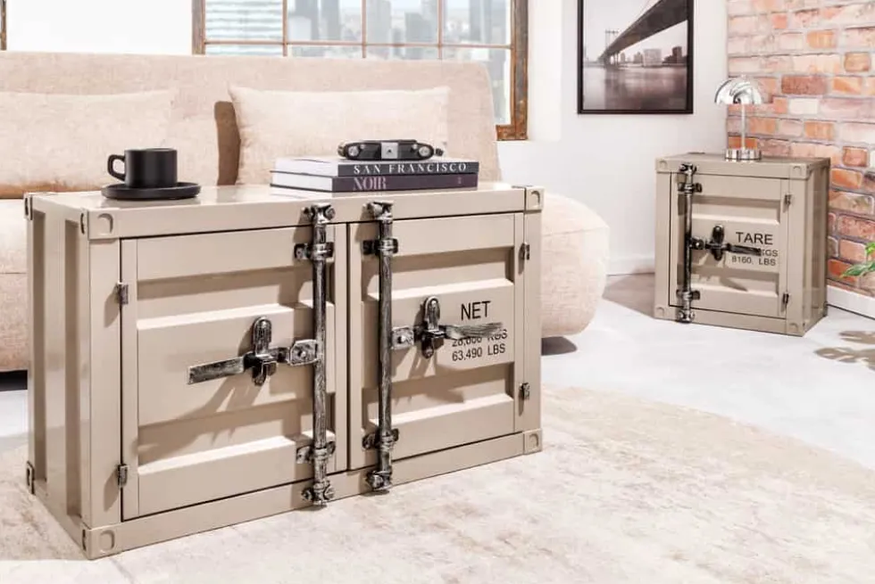 Container-Schrank GLOBETROTTER 80cm greige Metall Couchtisch mit Flügeltüren Kommode