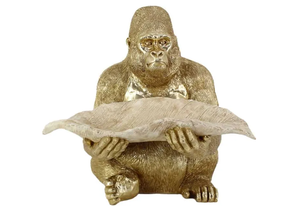 Deko-Figur GORILLA 40cm gold beige handmade mit Schale im Blatt-Design